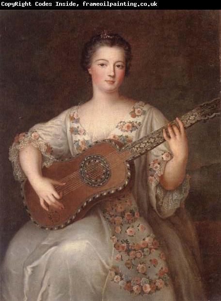 unknow artist Portrait of a young lady,three-quarter length,wearing a floral and ivory lace-trimmed dress,playing the guitar